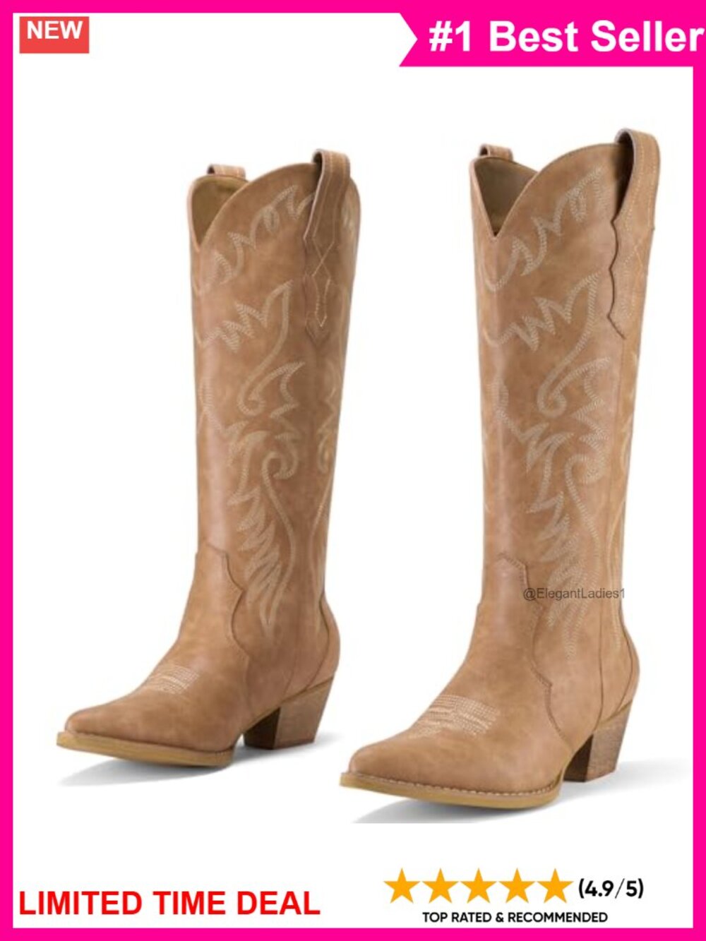 Knee High Cowboy Boots Pointed Toe Stacked Heel Western Womens